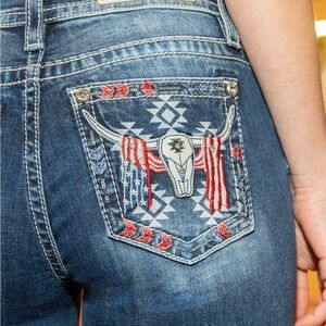 Miss me jeans Americana Longhorn Bootcut Denim size 25 inseam 32” medium wash